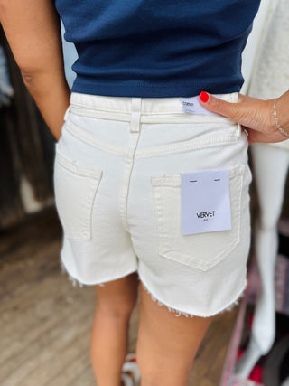 Vervet Super High Rise Raw Hem Drawstring Mom Shorts