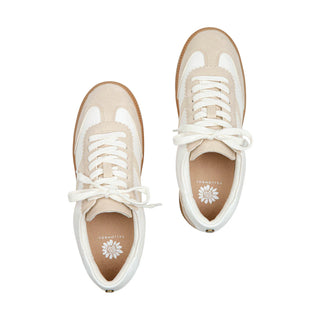 Top view of the Yellowbox Zeldie Sneaker featuring the beige and cream color combo, lace up design, and fashion forward look.